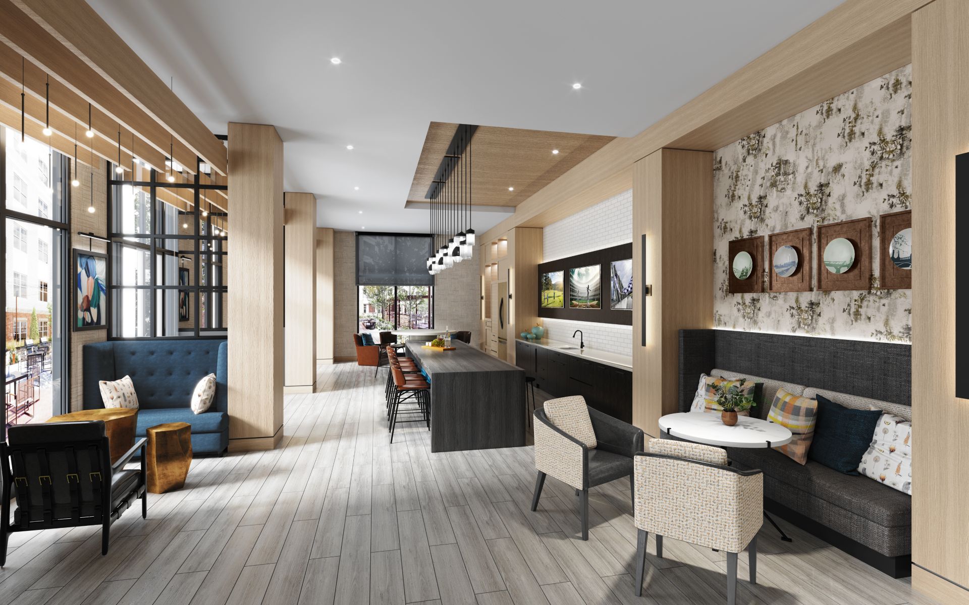 Club room with seating niches and sports bar overlooking the courtyard