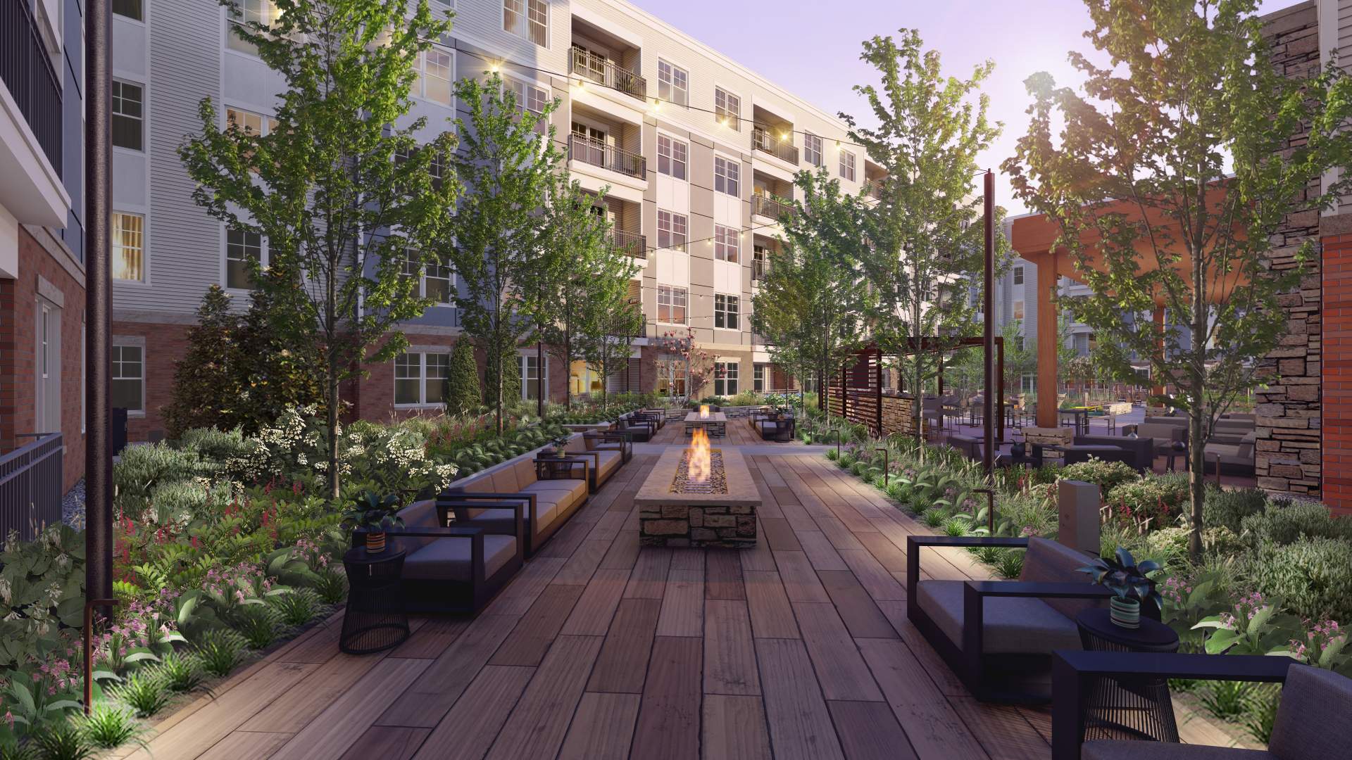 Cozy seating in our courtyard with year-round firepits