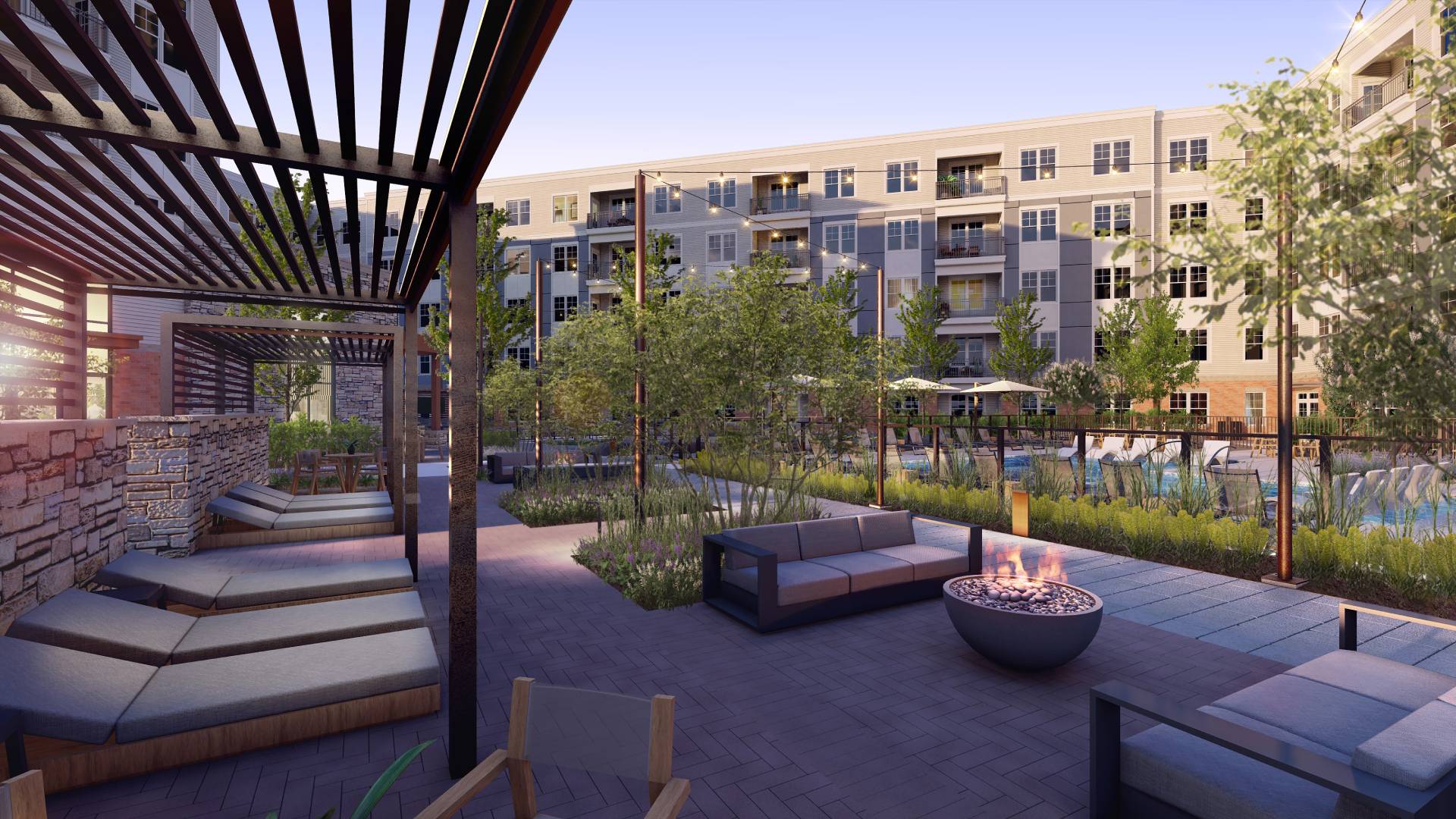 Cabanas and fire pits in our resident courtyard